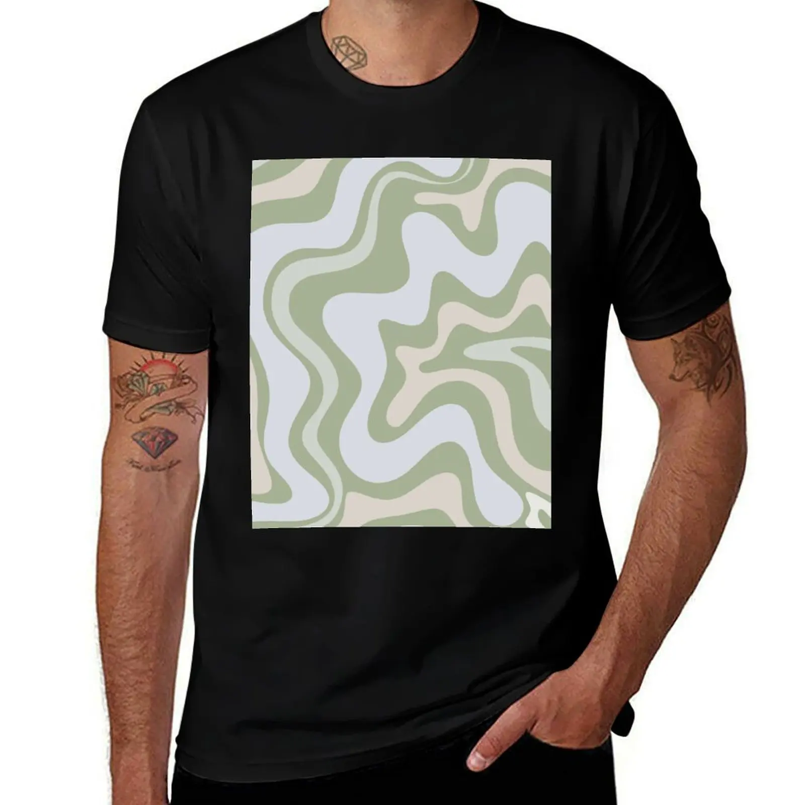 Liquid Swirl Contemporary Abstract in Light Sage Green Grey Almond T-Shirt Casual Holiday Short Sleeve Tee T-Shirt