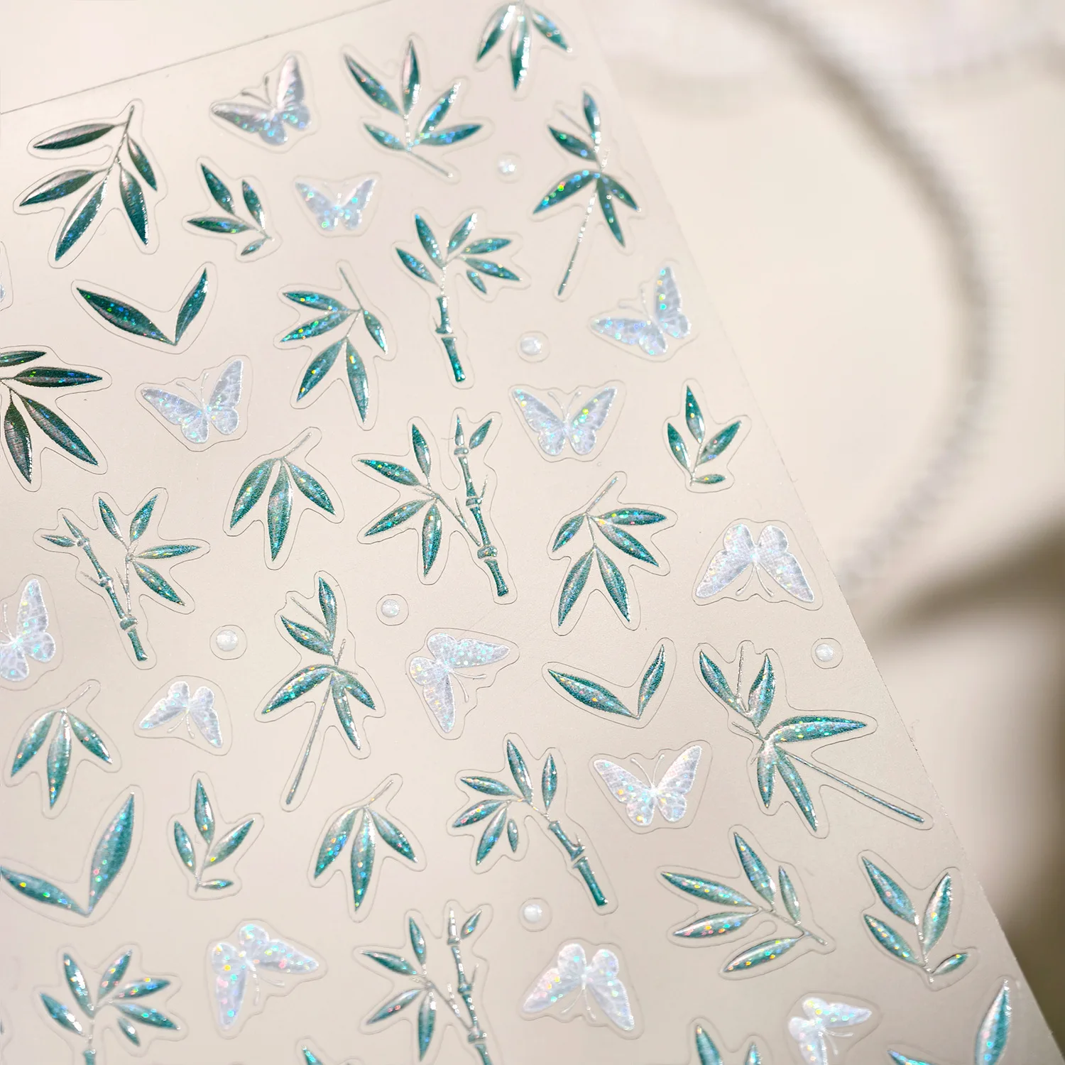 Mariposa brillante, hojas de bambú, planta, brillo polarizado, pegatinas autoadhesivas 3D para decoración de uñas, calcomanías de manicura de estilo chino al por mayor