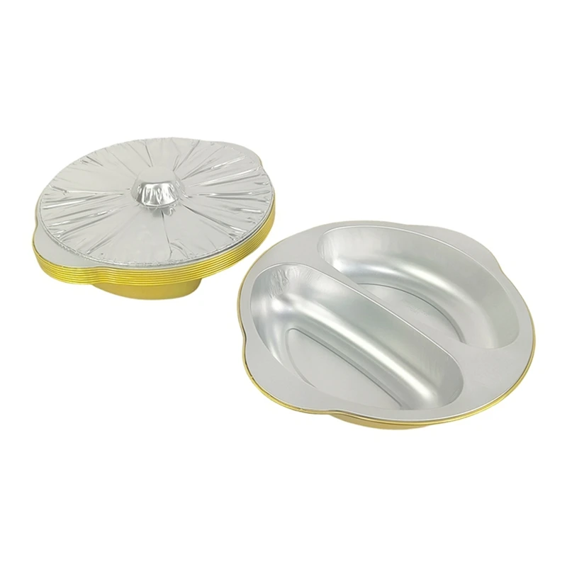 20Pcs Pack 2400ml Gold Round Dual Compartment Foil Container Anti-Odor Hot Pot Box Thick Heat Resistant Disposable Aluminum Tray