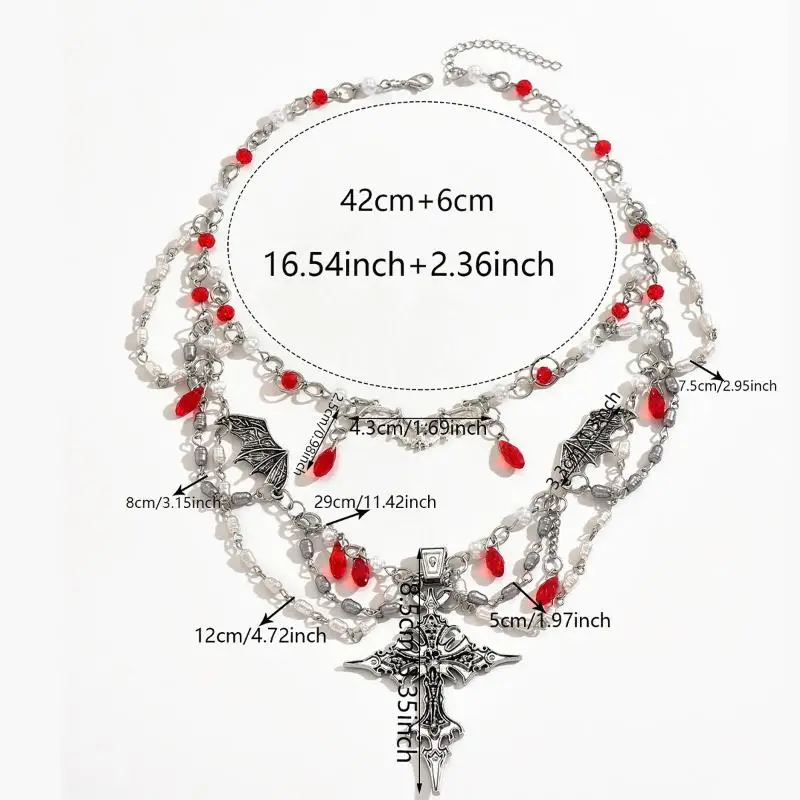 1 قطعة قلادة الهالوين القوطي للنساء الخفافيش الصليب القلب الأحمر كريستال قلادة سلسلة الترقوة هالوين مجوهرات الحفلات هدية
