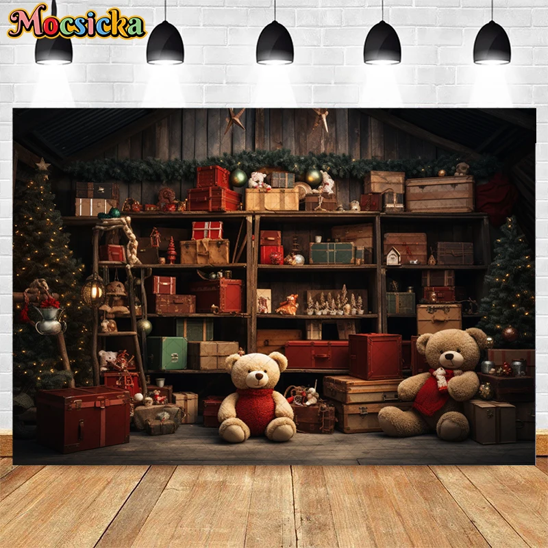 Mocsicka Christmas Warehouse Backdrop For Kids Adult Family Portrait Photography Xmas Tree Toy Bear Decor Studio Photo Props