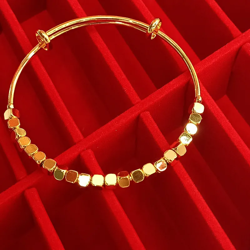 

Fashion 14K Yellow Gold Color Bracelet for Women 3D Small Square Shape Female Bangle Wedding Engagement Fine Jewelry Gifts