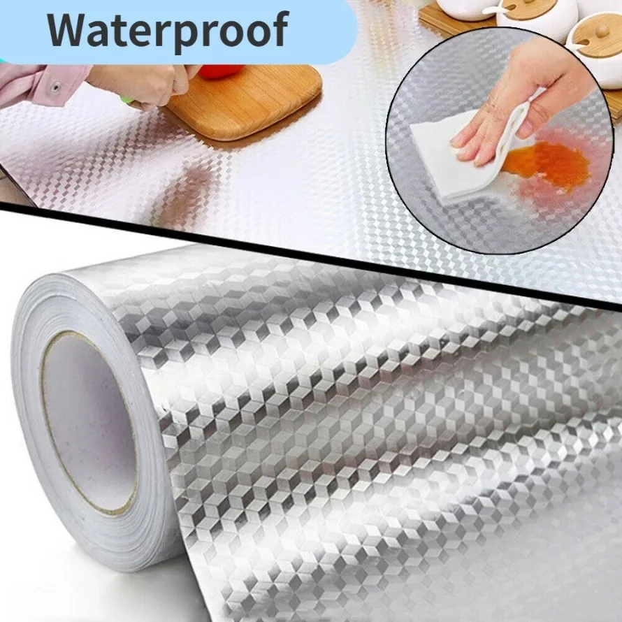 

60CM Width Kitchen Oil-proof Waterproof Stickers Aluminum Foil Kitchen Stove Cabinet Self Adhesive Wall Sticker DIY Wallpaper