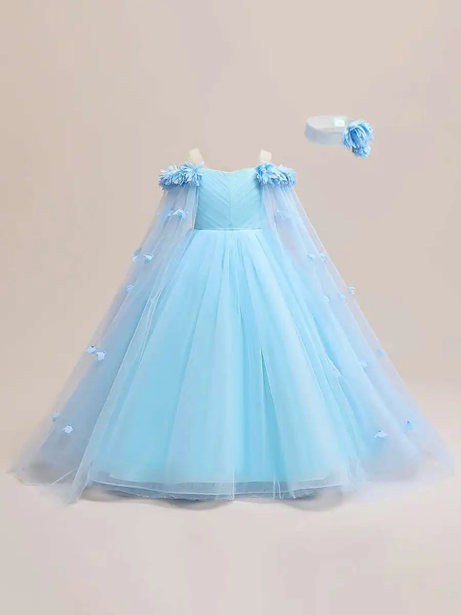 

Light Blue Tulle Floral 3D Princess Ball Gown Formal Evening Dress With Cape