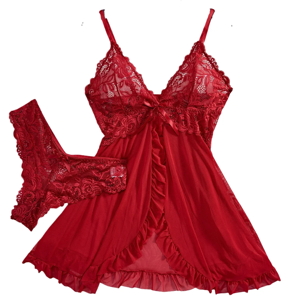 

Transparent red Sexy Lingerie Women Underwear Temptation Sleepwear Lace Babydoll Dress Panties Pijamas Set Adult Female Nighty