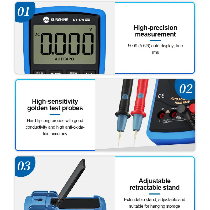 SUNSHINE DT-17N 2.0 Digitalmultimeter Smart Anti-Burn, Kontinuitätssummer, hochpräzise Messung, Reparaturwerkzeuge mit schneller Reaktion – Detail 15