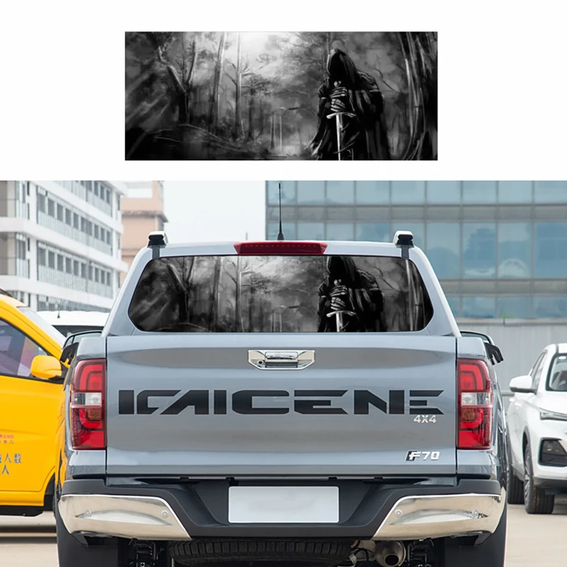 

3D Skull Rear Windshield Decal Sticker One Way Vision for Truck Suv Pickup Blue Flaming Decor Rear Window Glass Poster