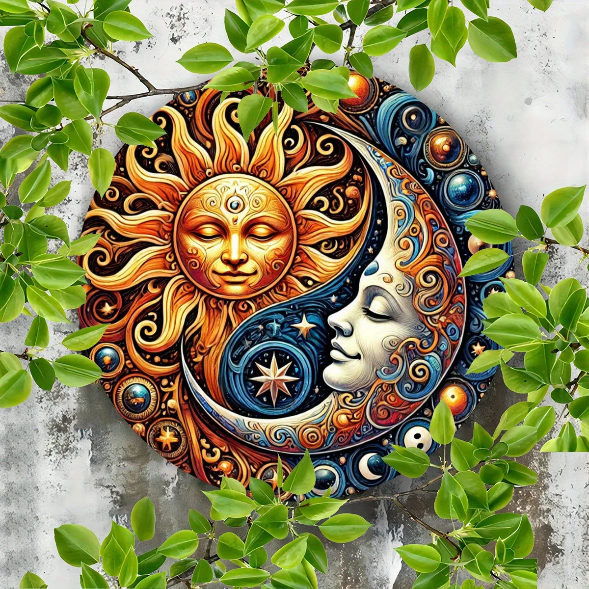 2D plat, vintage Yin-Yang metalen wanddecoratie - zon en maan symbolische harmonie - 8x8 inch (20x20cm) metalen bewegwijzering met gouden Su