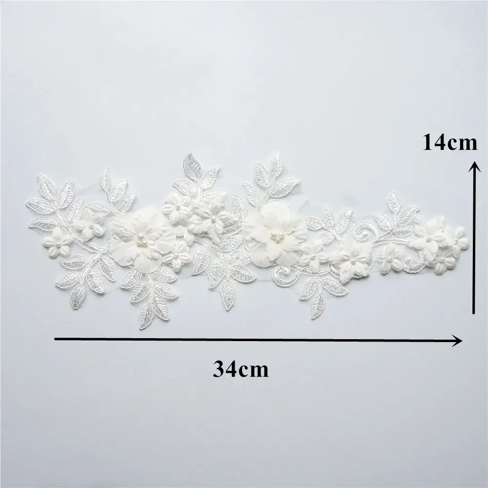 White Lace Flowers Beads Leaves Embroidered Appliques Trims Mesh Sew On Patches For Wedding Dress Decoration DIY Handmade