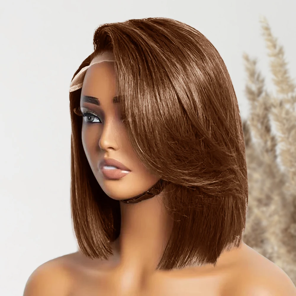 

PrePlucked 13x4 Straight Bob Chocolate Brown Lace Frontal Human Hair Wig Bone Straight Lace Front Short Bob Wig For Women 12 14