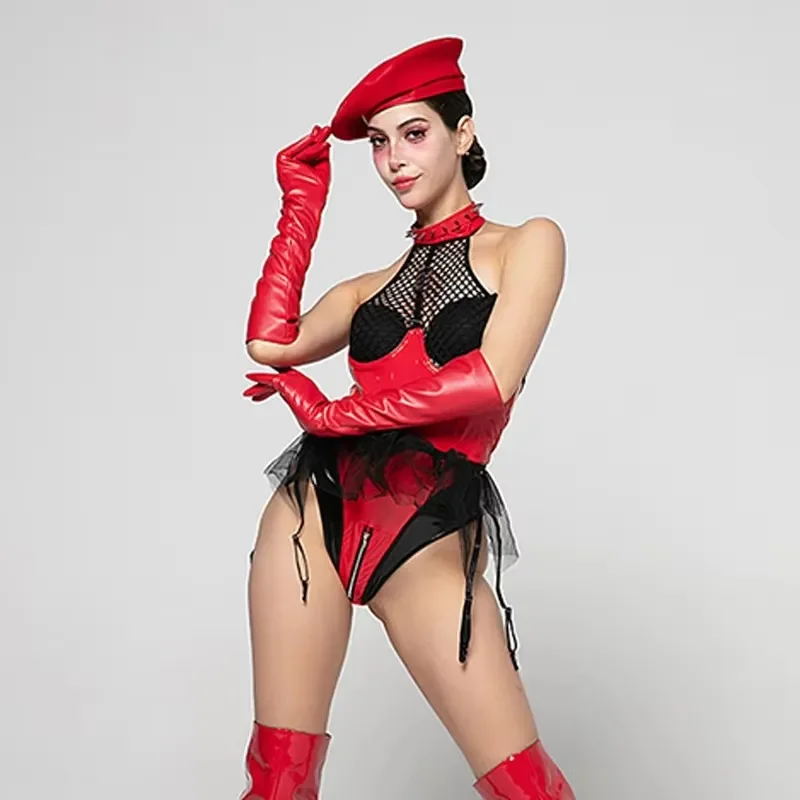 Pole Dance Costume Singer Dancer Stage Wear Club Party Rave Outfit Drag Queen Clothes Sexy Mesh Sleeveless Red Bodysuit