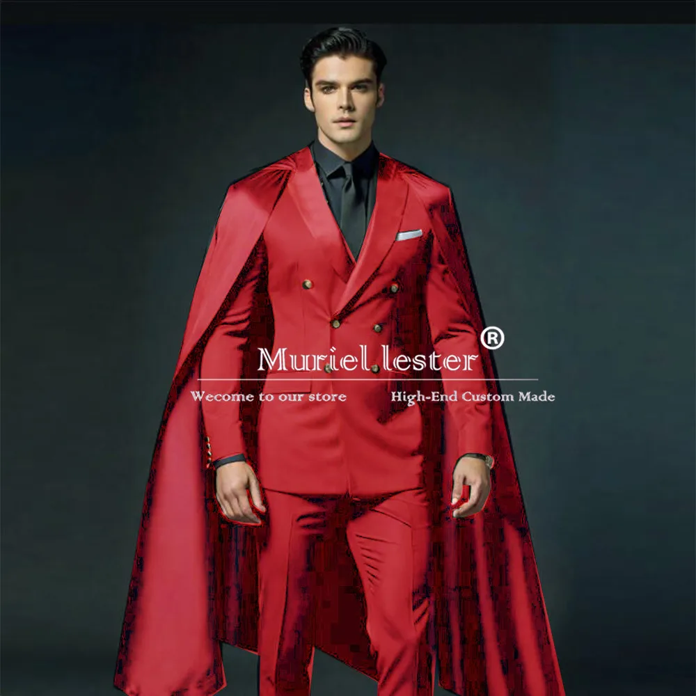 Elegant Men\'s Suits With Cape Double Breasted Jacket Pants 2 Pieces Groom Wear Wedding Tuxedos Man Business Blazer Customized