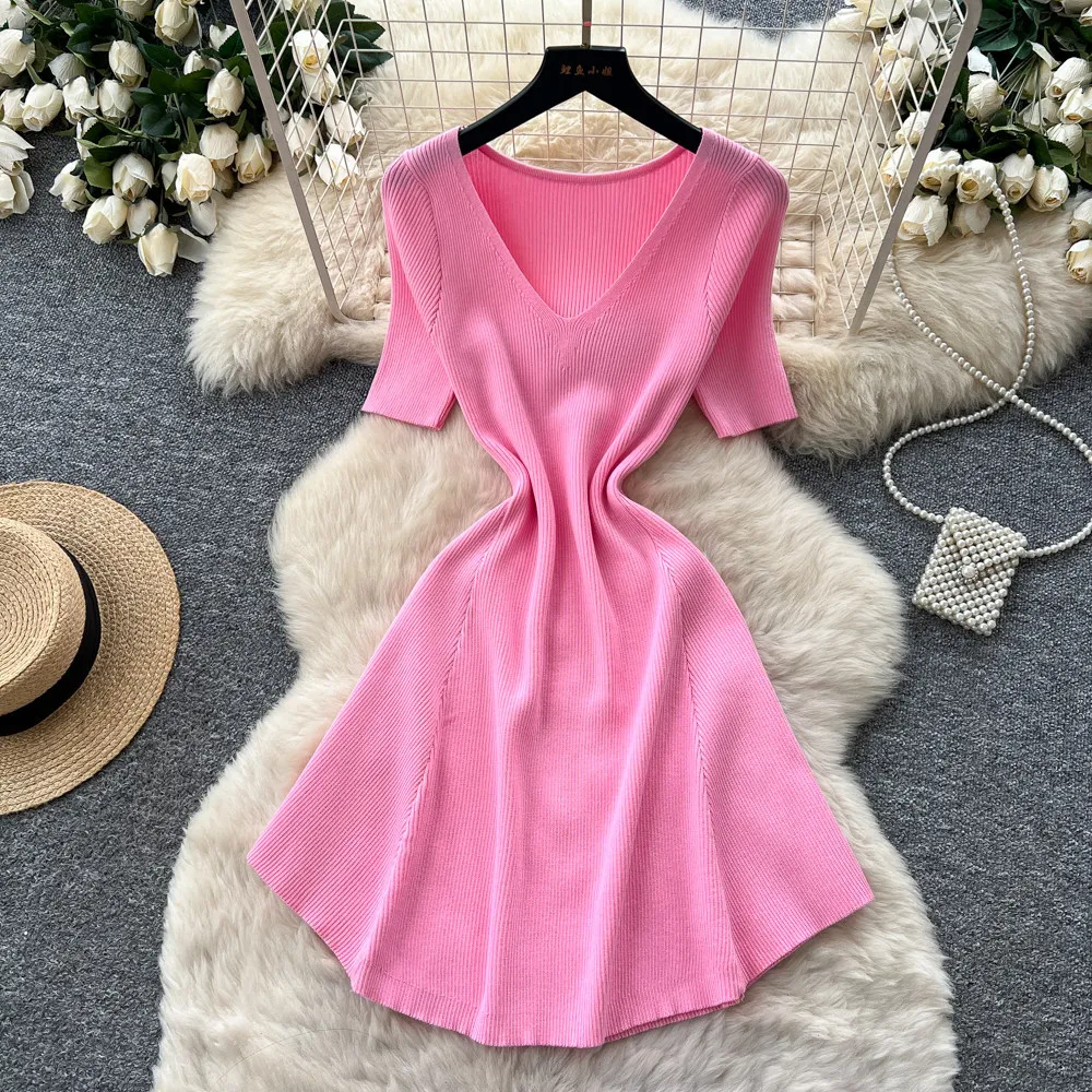

Short Dress Women Dresses A Line Vestidos Y2k Streetwear V Neck Knit Solid Slim Fit Elegant Splice Party Night Work 2026 Summer