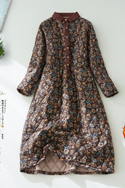 Cotton-padded Dresses Korean Style Women Winter Warm Outwear Thickened Cotton Linen Floral Printed Dress