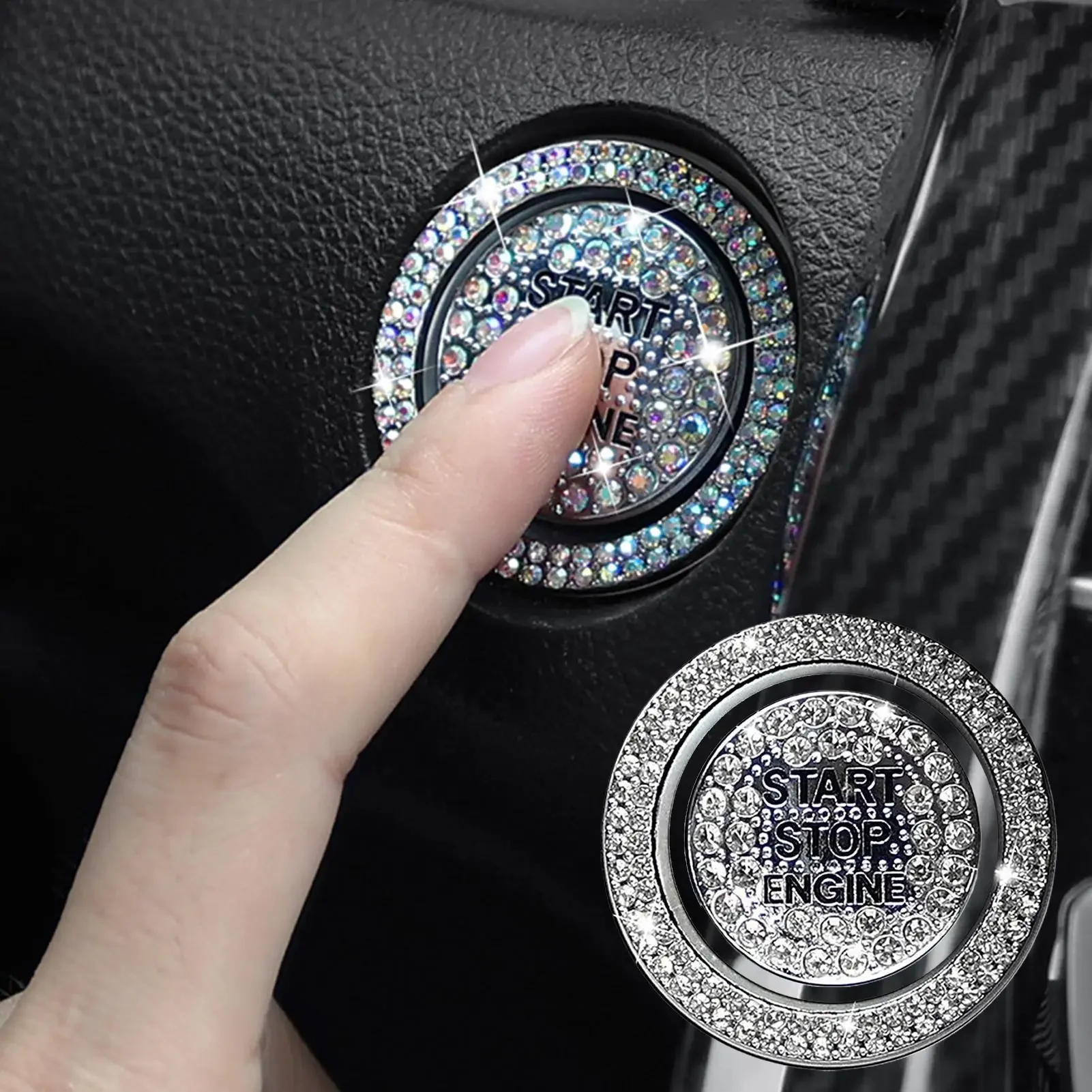 Car Start Button Rhinestone Sticker Diamond Bling Ring One Click Start Stop Switch Stickers Decoration Auto Accessories Decals