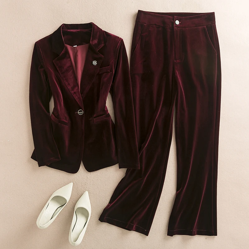سترة بدلة مخملية حمراء للنساء للربيع والخريف ملابس عمل راقية لربيع 2025 بدلة علوية