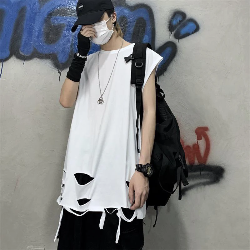 Fall Sleeveless Ripped Hole Men Tank Top Korean Fashion Trend 2xl 3xl Oversized All-match Inside T Shirt Hip Hop Punk Streetwear