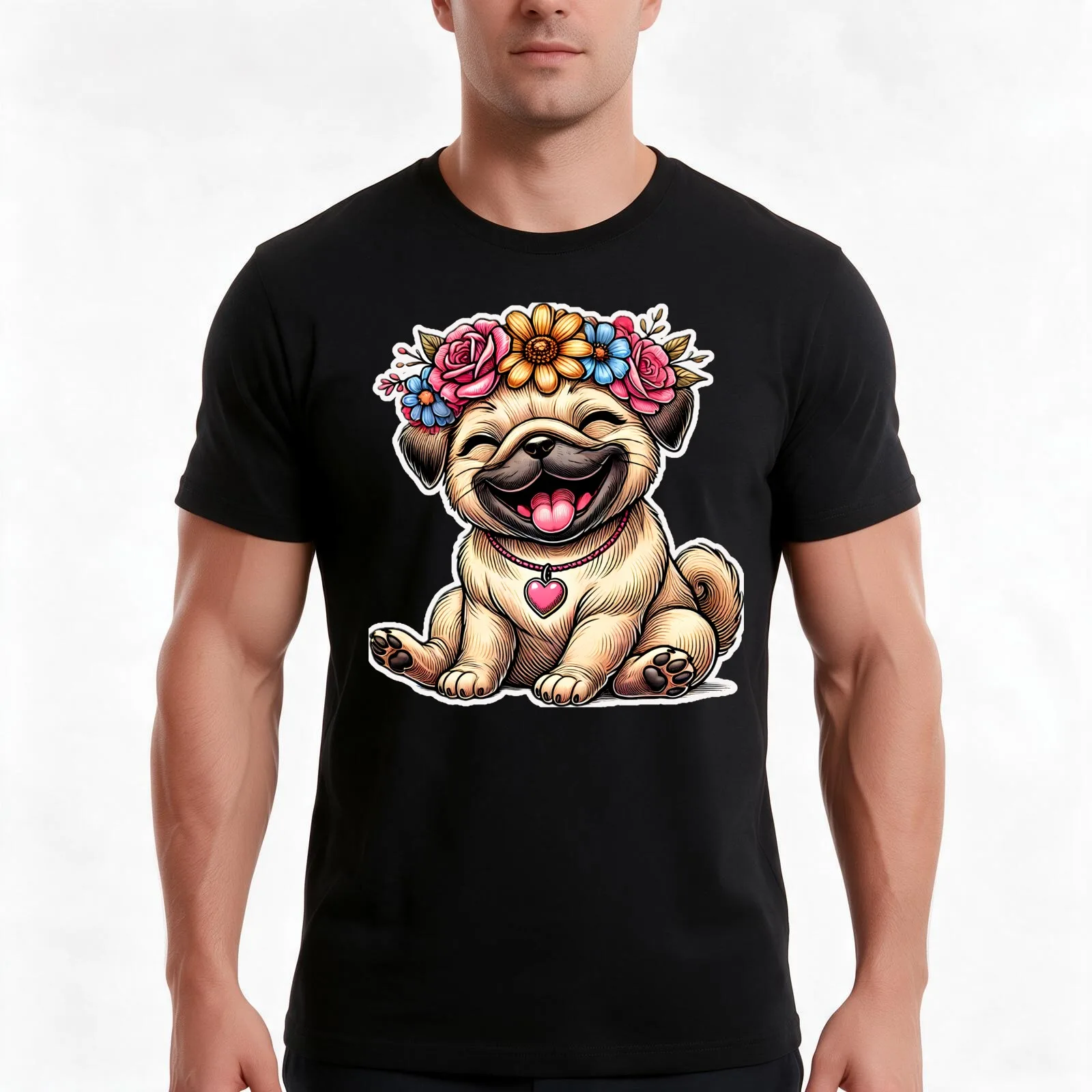 Laughing Pug T-Shirt, Summer Casual Cotton Tee, Oversized Streetwear Tops, Vintage Graphic Print, Loose Fit Short Sleeve