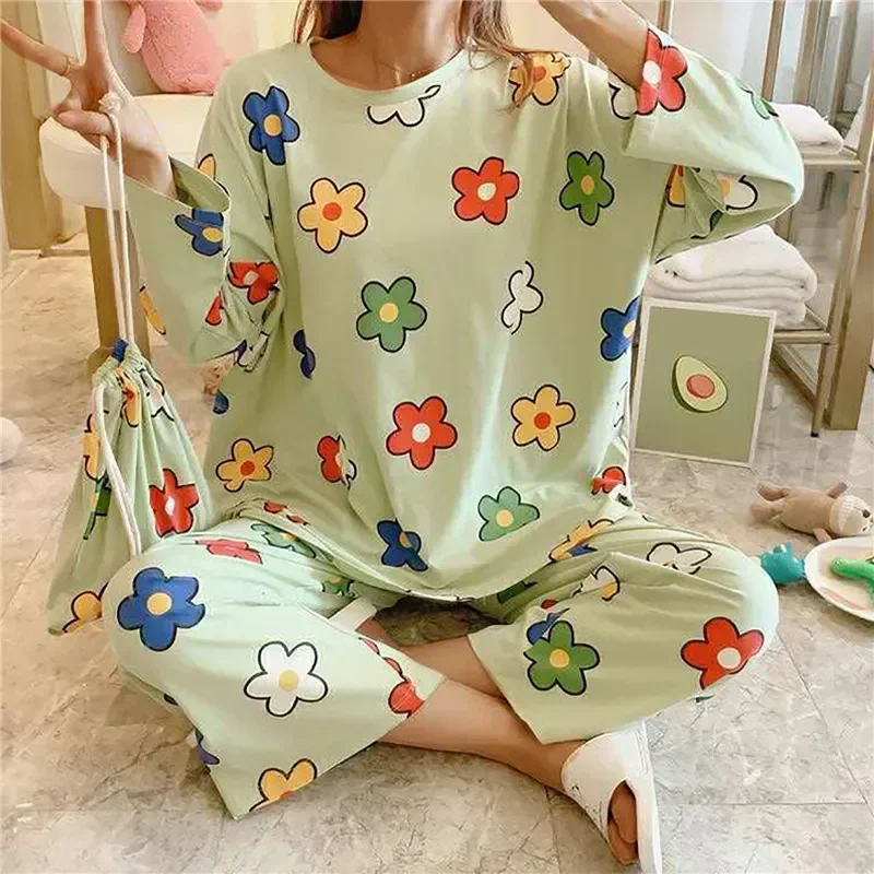 Spring Sleepwear Sets Set Pajama Cow Cartoon Long Sleeve 2023 Print Cute New Women Two-pieces Underwear