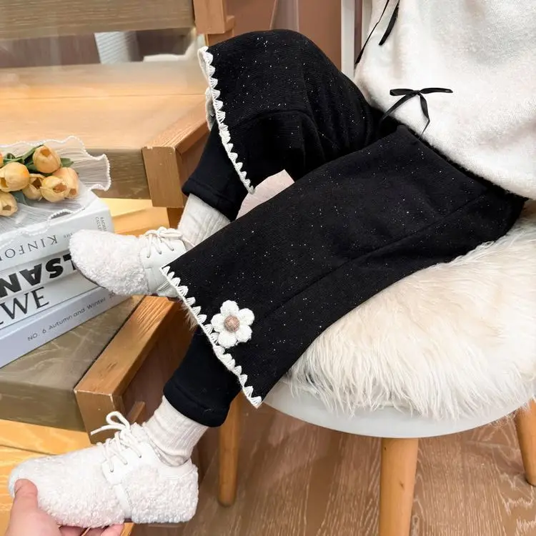 1-8Y Girls Winter Thicken Pants Velvet 3D Flower Color Contrast Kid Girl Trousers Cotton Soft Toddler Girl Fake Two Pieces Pants