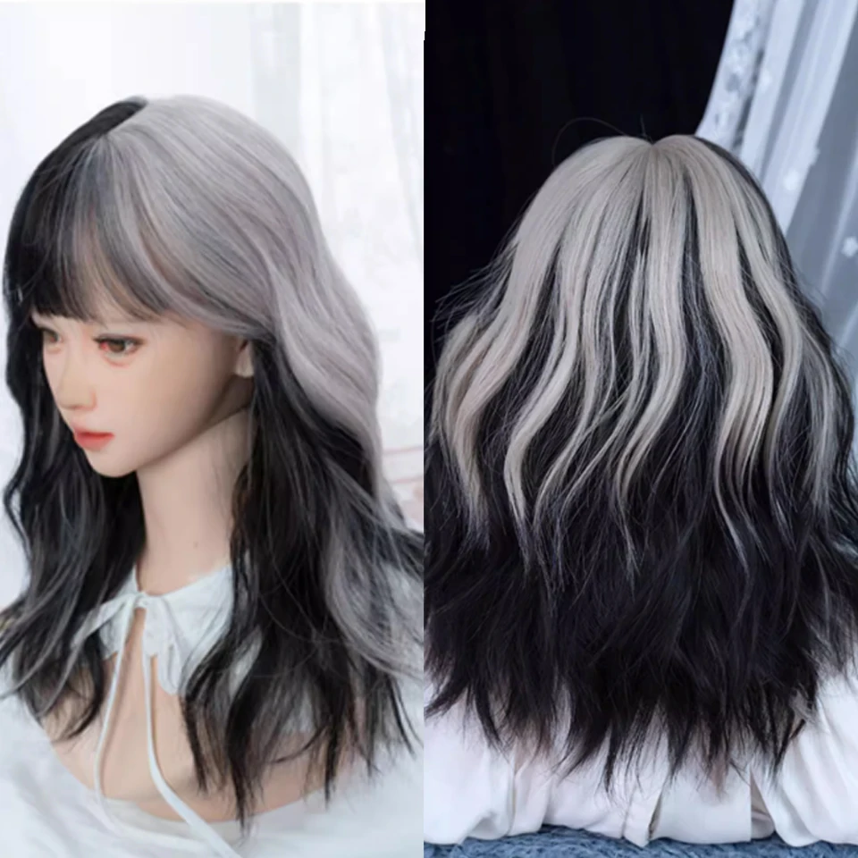 Synthetic Wig Short Hair Wavy Curly Hair Can Be Trimmed Bangs Black And White Color Matching Cosplay Wig Female Short Wig