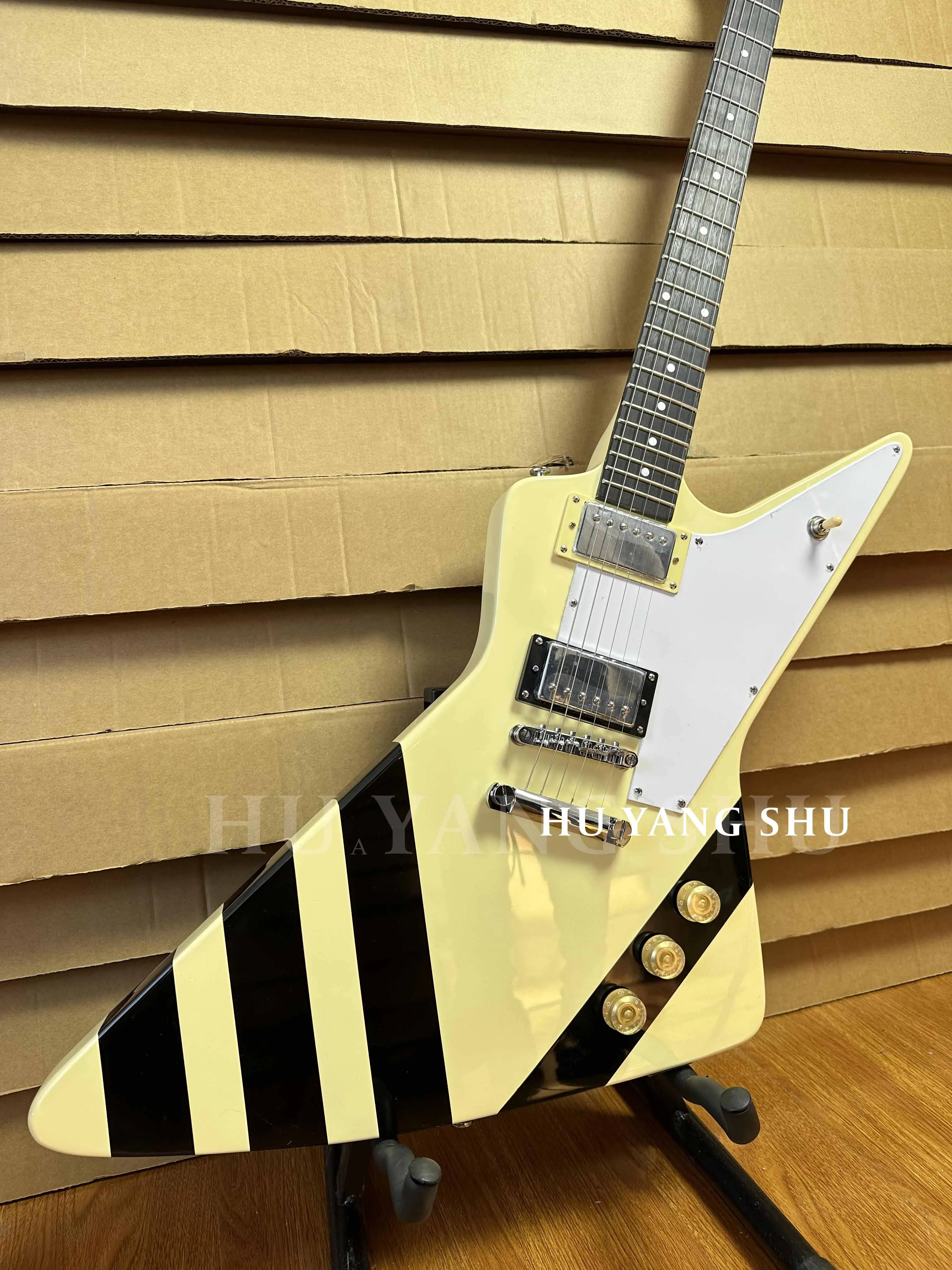 

Cream Yellow Black Line Explorer Electric Guitar Black Fretboard HH Pickups Free Shipping