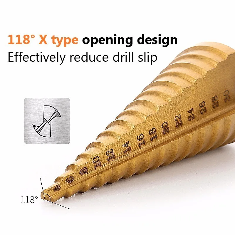 

AA81-3Pc Hss Step Cone Taper Drill Bit Set Hole Cutter Metric 4-12/20/32Mm 1/4 Inch Titanium Coated Metal Hex Bits