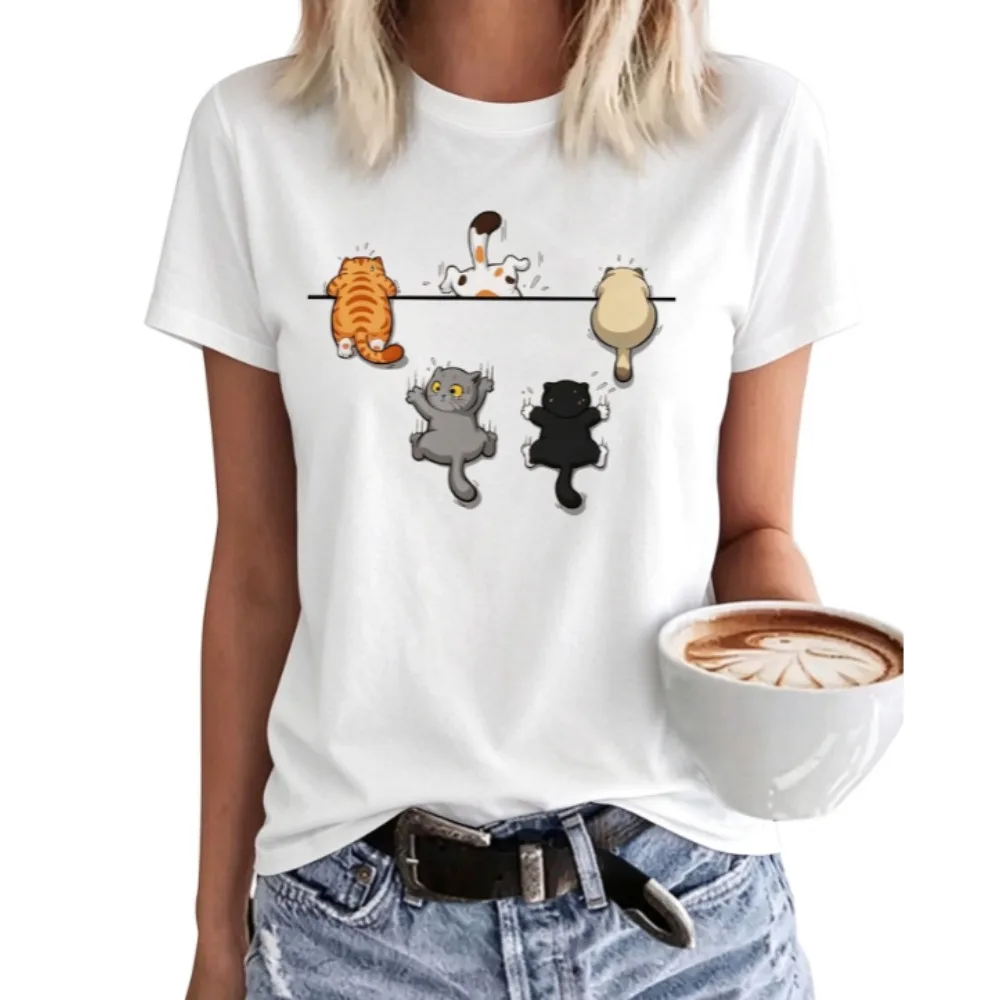 Clumsy Hanging Kittens Graphic Tee, Cute Cartoon Cats Cling On Line Art Print Women Casual Crew Neck Cotton Short Sleeve T-shirt