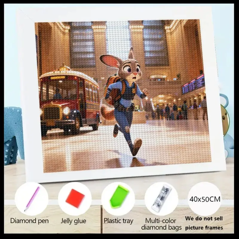 

1PC 5D Full Drill Diamond Painting Kit, Zootopia Judy Hopps Cartoon Rabbit Police Officer Running in Train Station Scene Diamond
