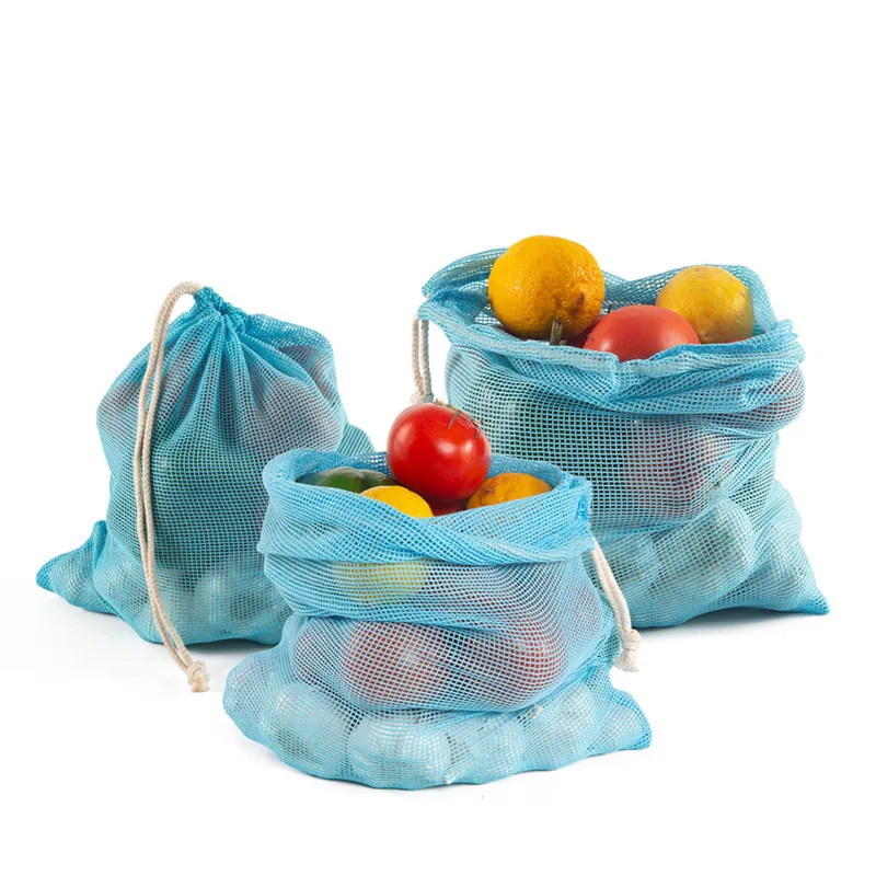 

1Pc Eco-Friendly Reusable Cotton Blue Color Mesh Bag Supermarket Shopping Kitchen Organizer Drawstring Pocket