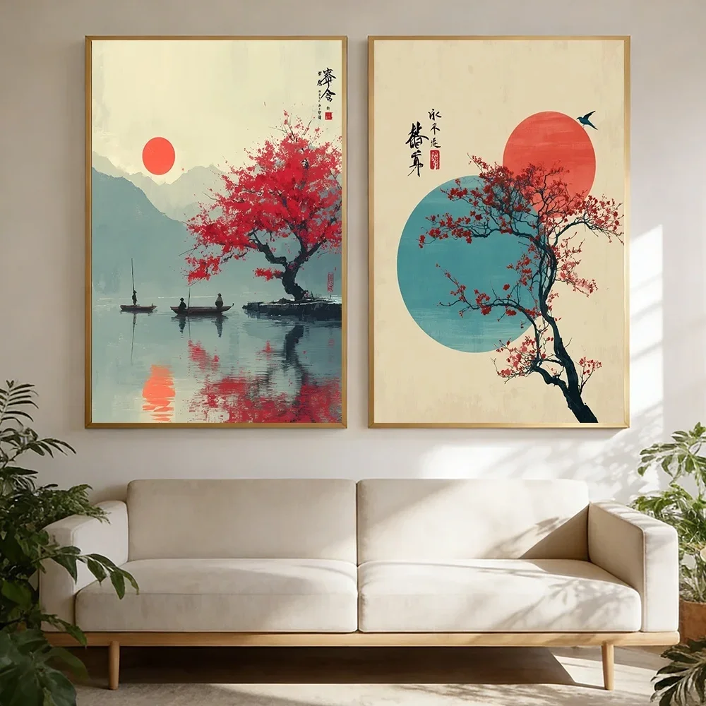 (No frame)Vintage Oriental Zen Canvas Wall Art Abstract Japanese Print Minimalist Red Sun Tree Lake Fisherman Landscape Canva