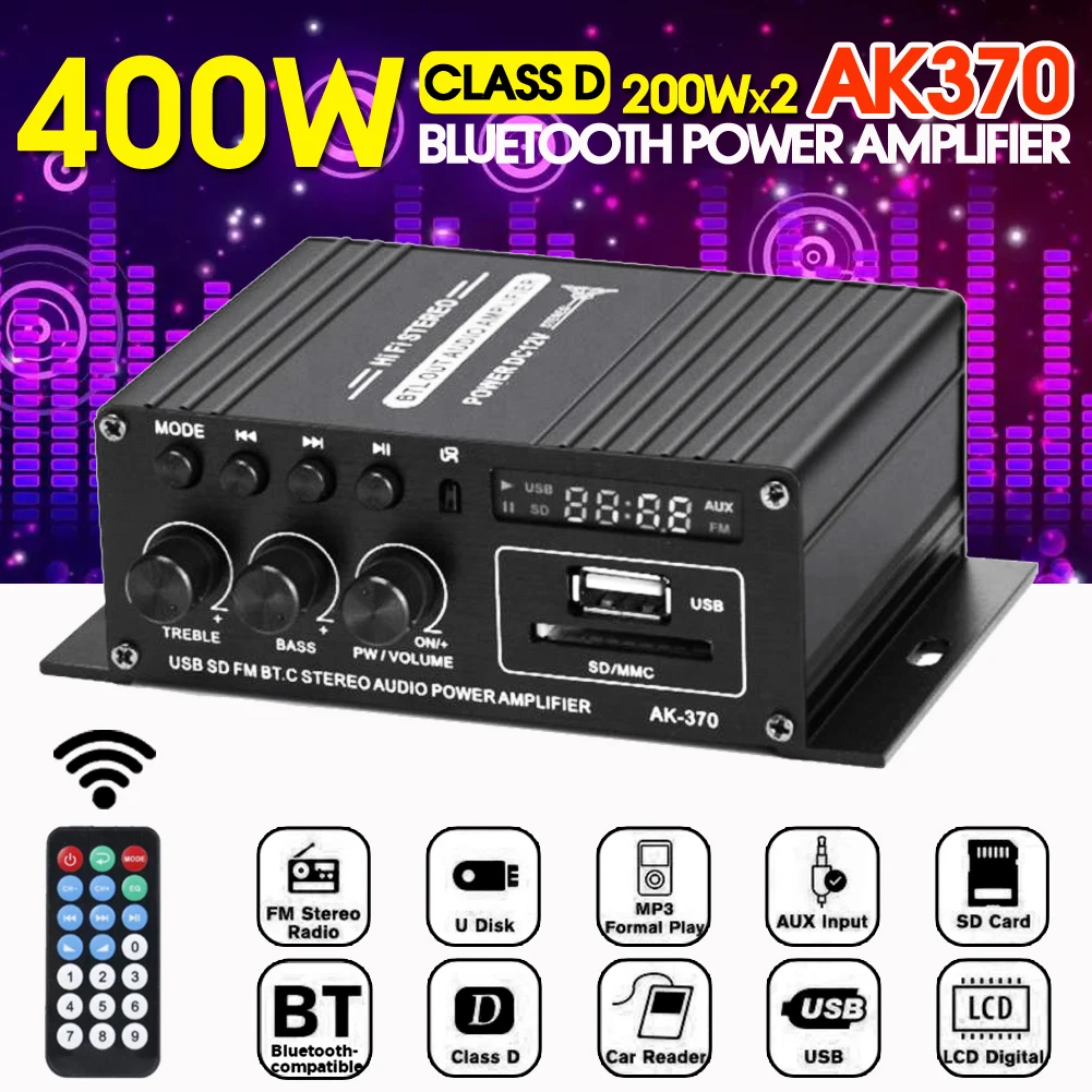 

Домашние цифровые Bluetooth-совместимые усилители AK370, 400 Вт, усилитель мощности аудиосигнала с басами, Hi-Fi, FM, автомобильные музыкальные колонки с сабвуфером