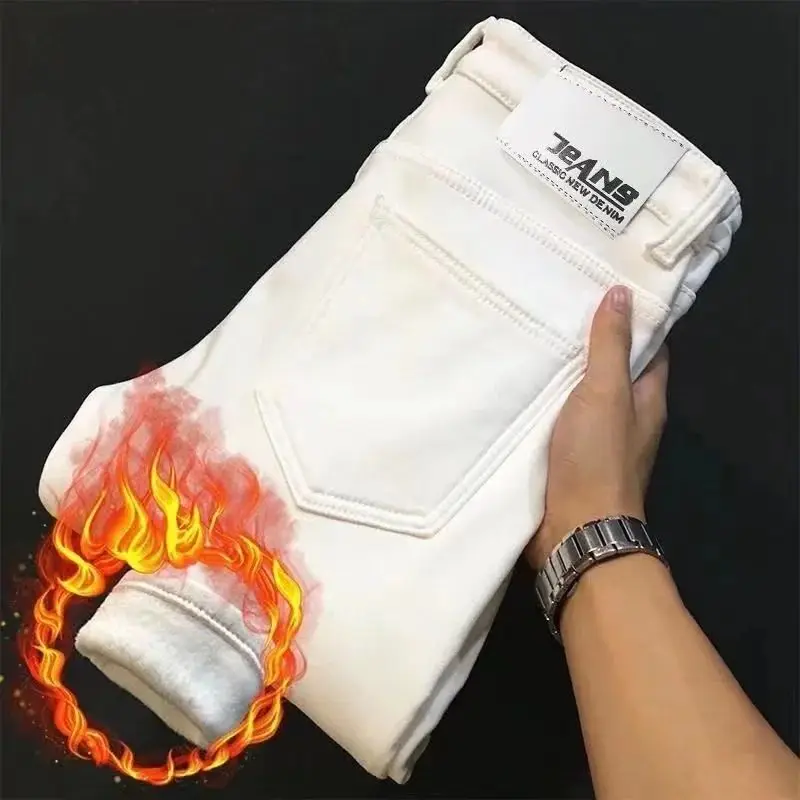 

Winter Thi Velvet Men's Skinny Warm Jeans High Quali Five-Quarter Length Durable Comfortable Blue Denim Trousers