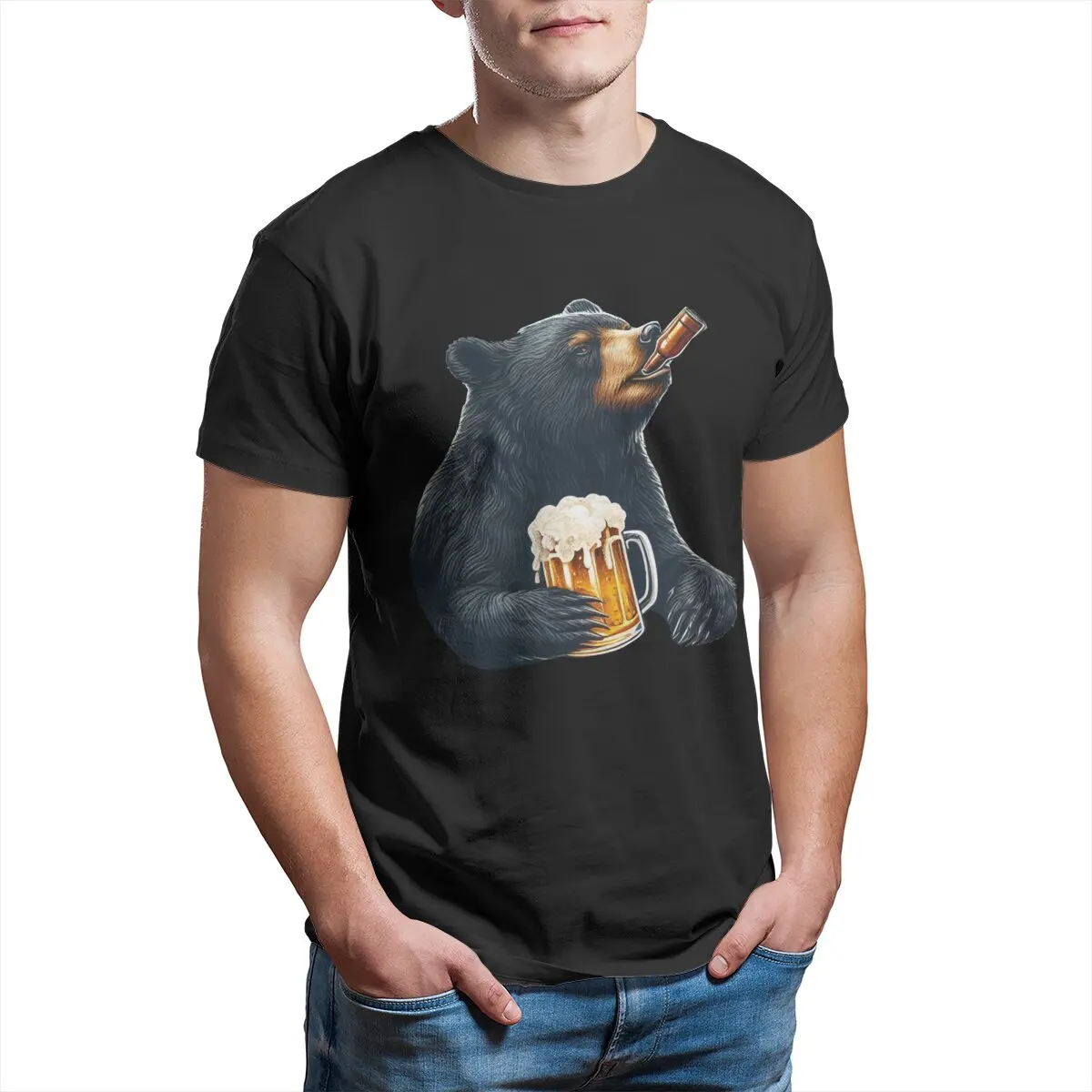 

Black Bear Funny Drinking Beers wildlife Unisex T-Shirt for Men Pure Cotton Funny T-Shirts Tees Clothes 4XL 5XL