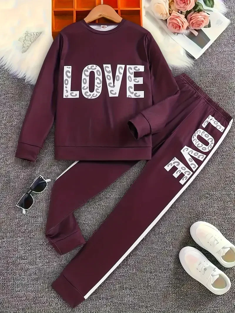 Love Print Girls Suit, Long Sleeve Top + Pants - Breathable And Comfortable, Casual Outdoor Sports Romantic Gift