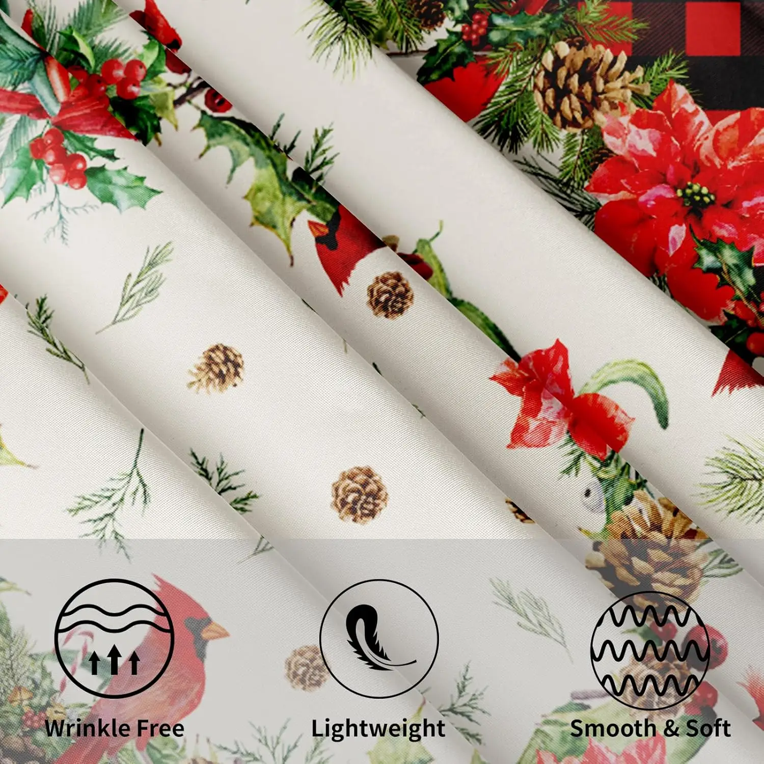 Red Birds Floral Tablecloth Round Buffalo Plaid Decorative Water Resistant Table Cloth Cover for Dining Room Kitchen Holiday