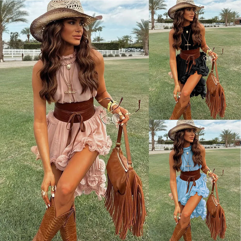Nuevo Conjunto de Falda y Top sin Mangas con Volantes de Gasa para Verano, Sexy, con Aberturas, para Vacaciones en la Playa, Dos Piezas, Casual, para Fiesta