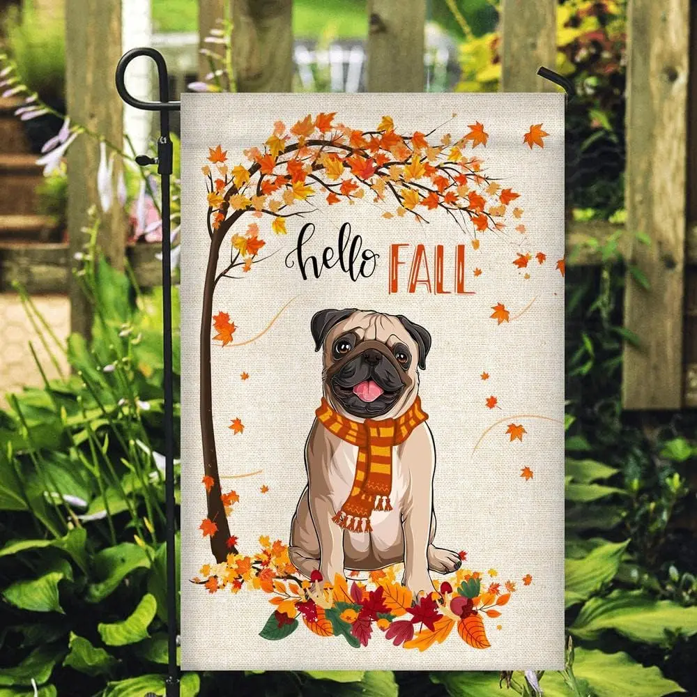 Hello Fall Pug Dog Flag Maple Leaves Orange Pumpkin Autumn (12