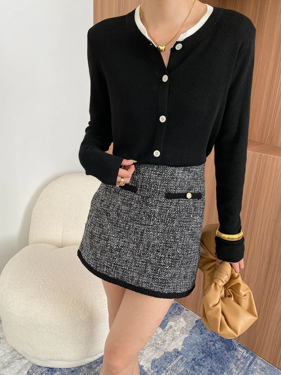 Primavera feminino casual cor sólida em torno do pescoço manga comprida falso duas peças solto cardigan camisola