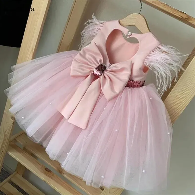 

Sweet Pink Flower Girls Dresses Bow Sash Puffy Tulle Children Pageant Ball Gown Short Kids Birthday Dress Wears