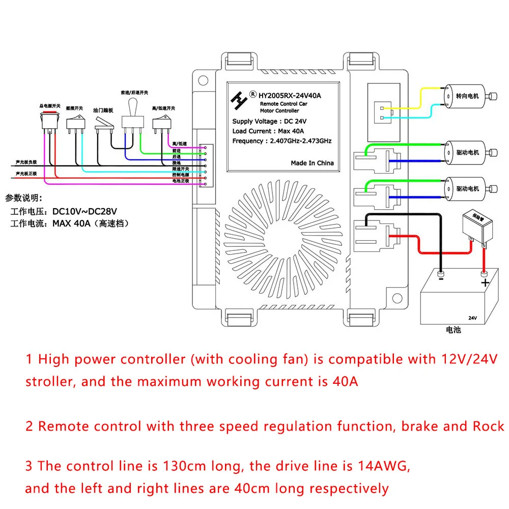 HY2005RX-24V/40A High power line 12V/24V of children's electric vehicle with remote control vehicle harness