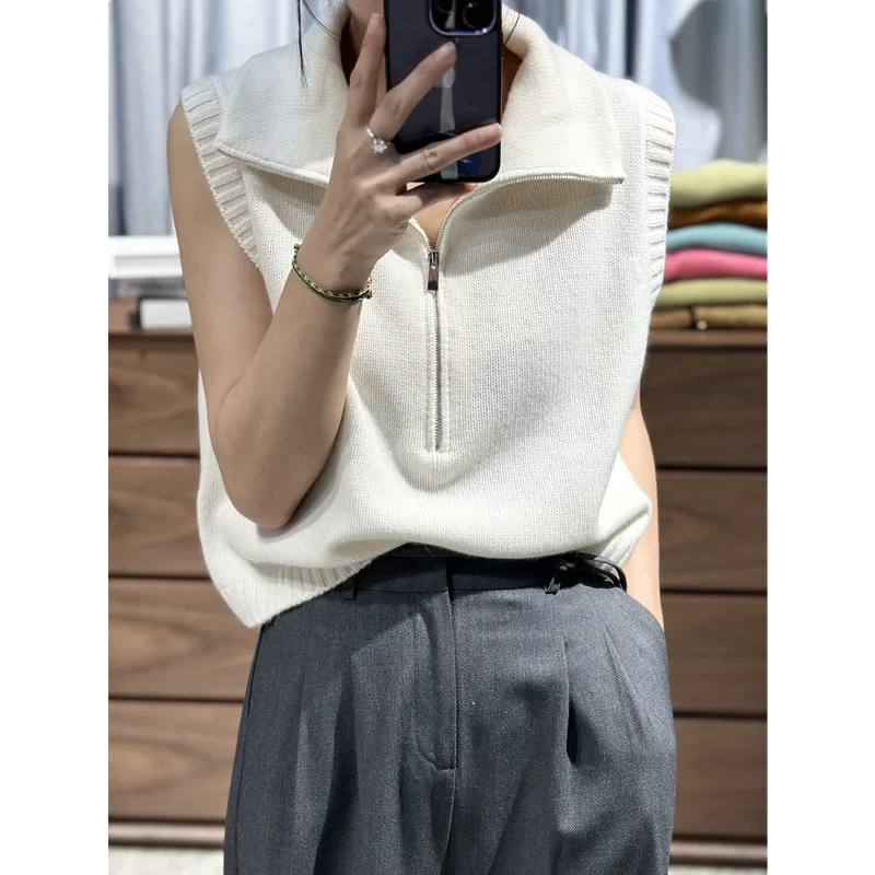 Autumn Winter Solid Simple Chic Zipper Sweater Vest Lady Lapel Casual All-match Knitted Pullover Women\'s Solid Sleeveless Top