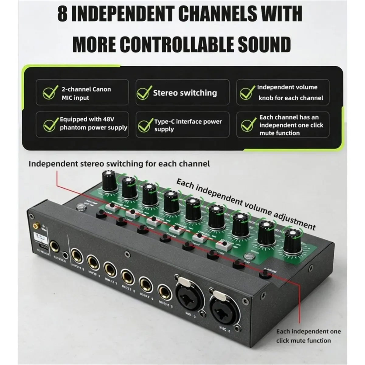 8-Channel Audio Mixer with 48V Phantom Power Supply Rechargeable Mix Expander Sound Processor 6.5 Microphone Effects