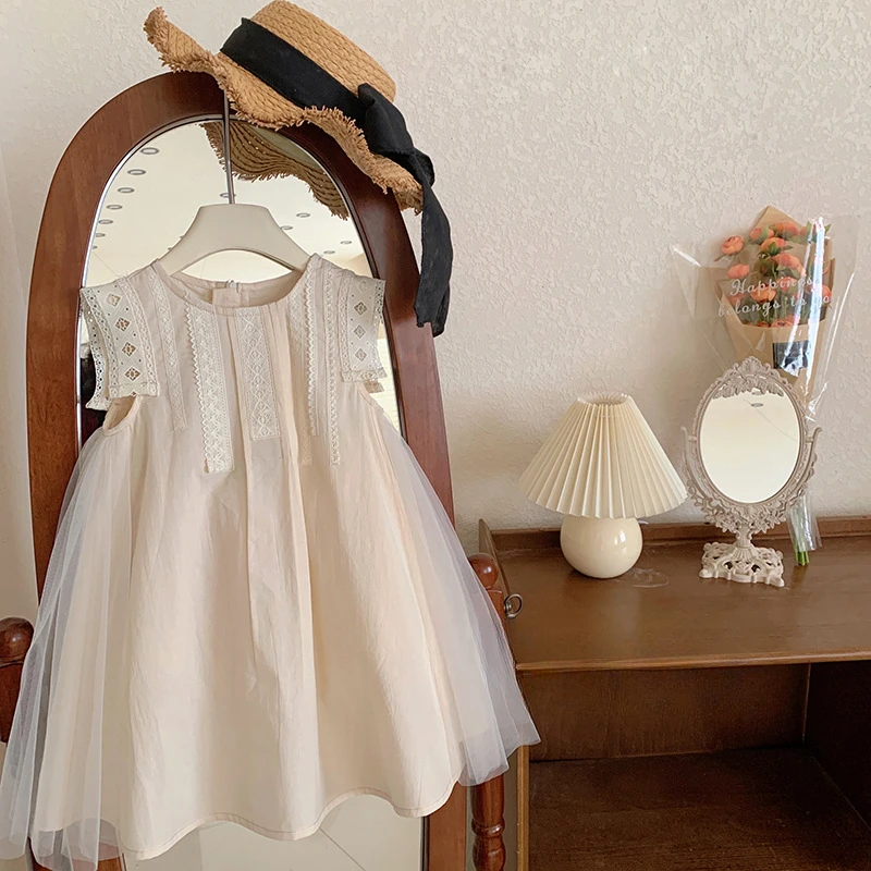 2024 Girls Summer Beige Mesh Spliced Large Skirt Sleeveless Lace Vest Dress Princess Dress Baby Girl Clothes  Dress