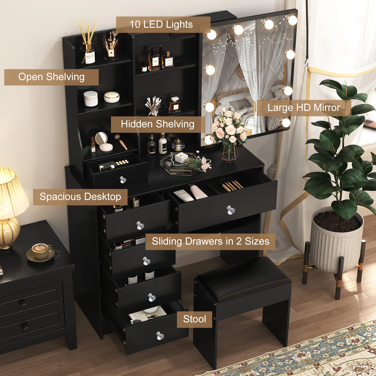 Rustic wooden makeup vanity with lit mirror: three adjustable lights, drawers & storage shelves