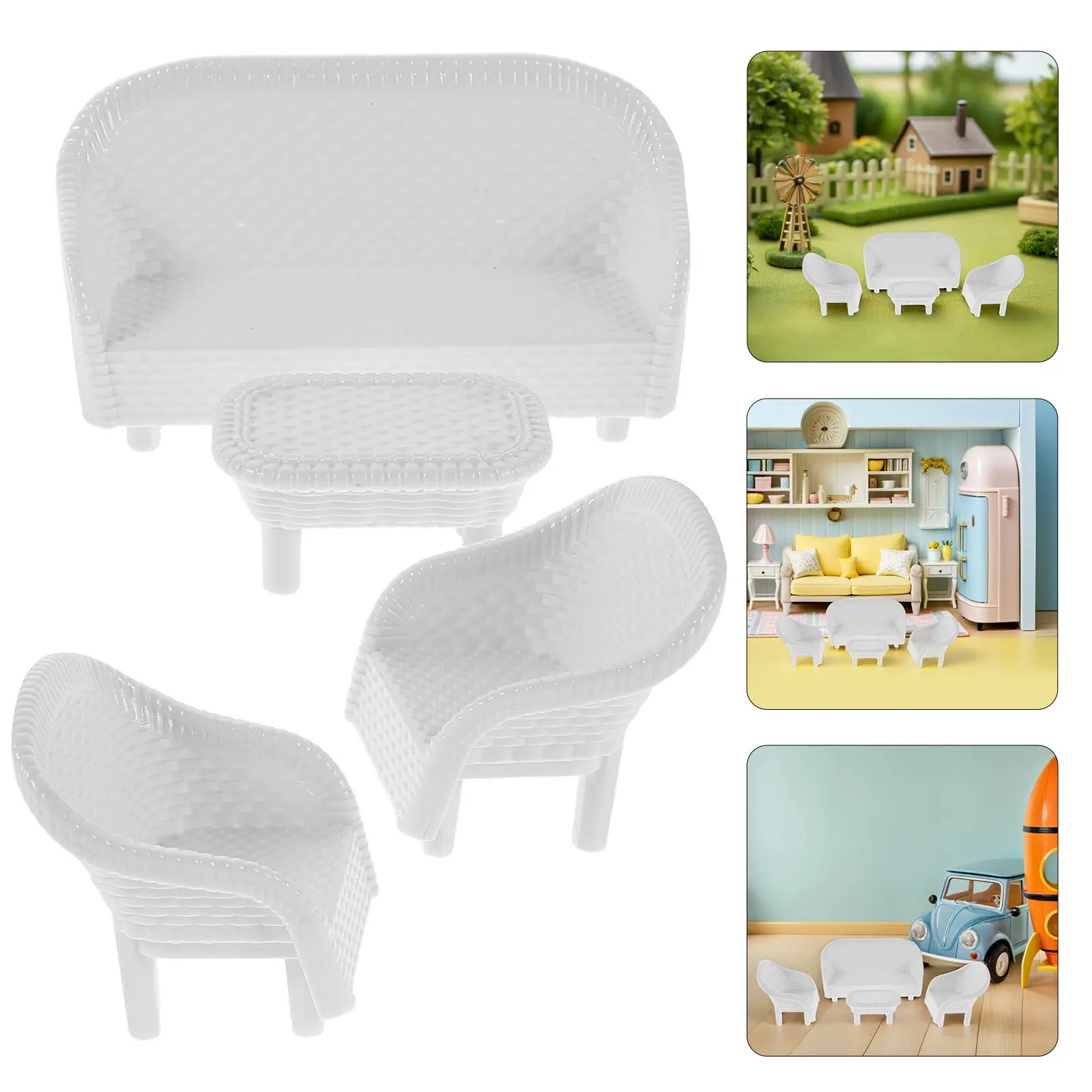 

3Sets Realistic White Dollhouse Furniture Plastic Sofa Table Chair for Pretend Play Fairy Garden Sand Table Decorations