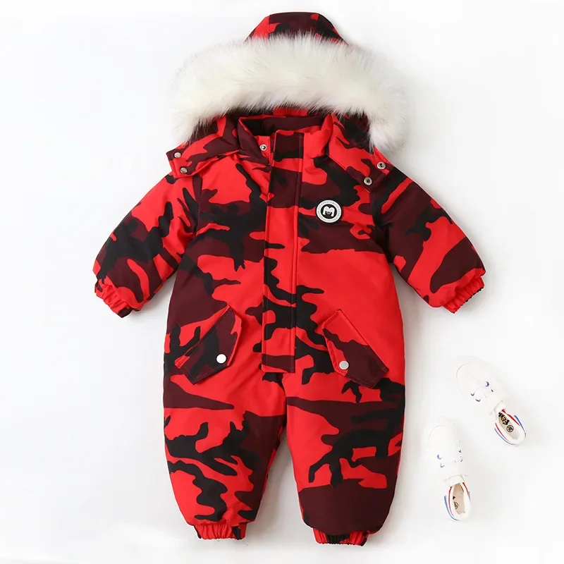 Setelan pakaian Ski bayi kamuflase, jumpsuit hoodie kerah bulu untuk anak perempuan, baju monyet bayi, setelan Ski mode kamuflase musim dingin 2024