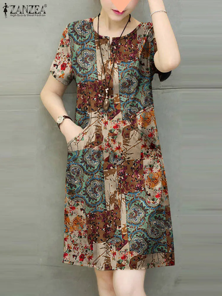 

ZANZEA 2024 Summer Bohemian Knee-length Dress Women Retro Holiday Cotton Vestido Mujer Floral Print Short Sleeve Party Sundress