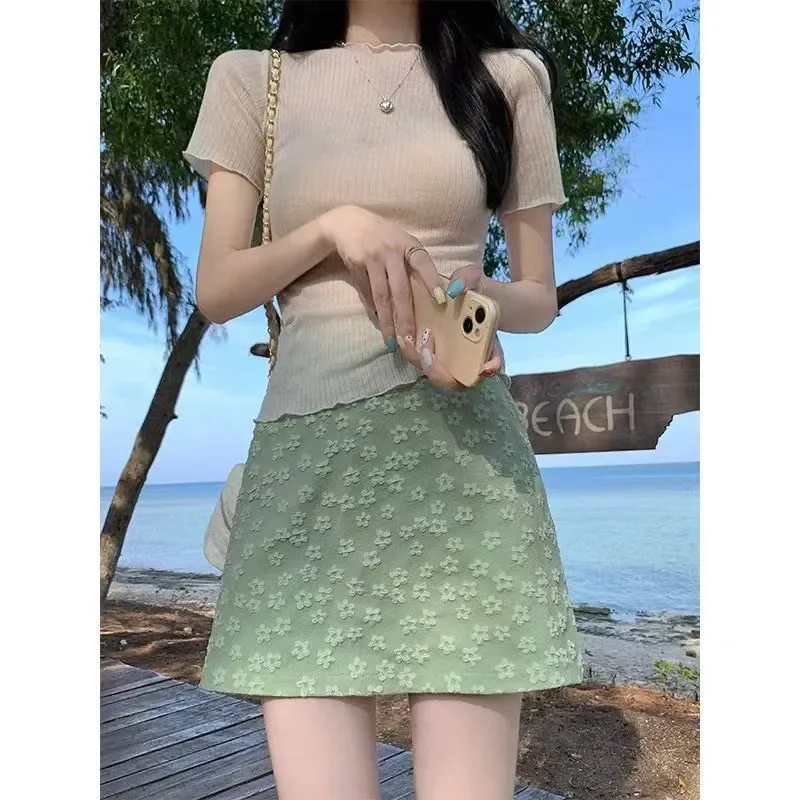 Women Sweet Three Piece Set Ruffle Camisole Short Sleeve Top Floral Mini Skirt Fresh Summer Outfit