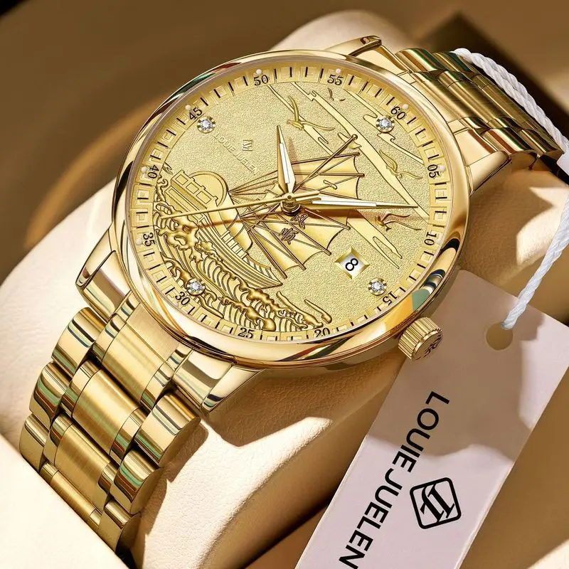 Louis Jourdain Swiss Brand Luxury gold Men's Watch Luminous Waterproof Calendar Quartz Watch with Smooth Movement